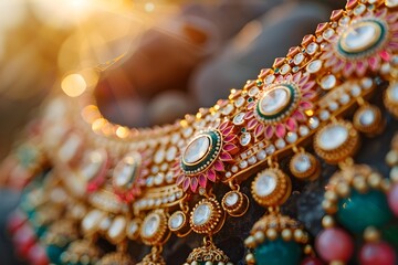 Fototapeta premium Exquisite Traditional Indian Jewelry with Intricate Craftsmanship and Vibrant Colors Illuminated by Natural Sunlight