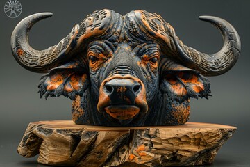 An image of an african buffalo's face on a wooden base