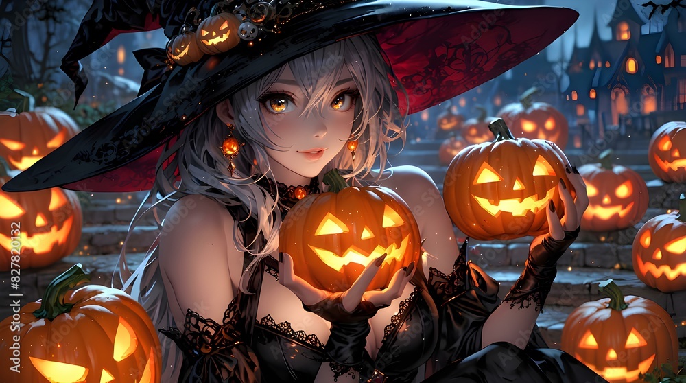 Wall mural Halloween anime girl with pumpkins and castle. Generative AI - Wall murals