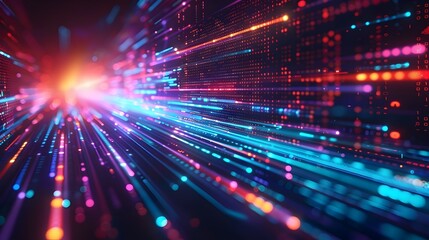 Naklejka premium Dynamic Data Visualization Scene with Rapid Digital Pulses of Light on Vibrant Techno Background Depicting Streaming Information and Futuristic