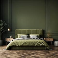 Modern Luxury Bedroom with Lime Olive Velor Bed and Khaki Green Wall. Minimalist Interior Design for Home or Hotel. Empty Mockup Wall for Art. Wood Parquet. 3D Render.