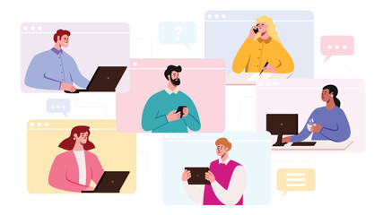 Online business meeting of employees. Colleagues at a meeting or conference. Video call meeting. Remote project development. Flat style, vector, isolated on a white background