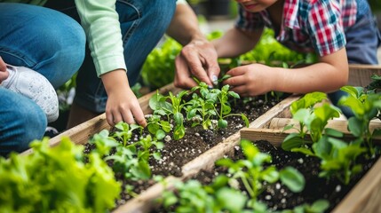 Fototapeta premium Family planting seeds together in a raised garden bed, demonstrating the joys of growing fresh food at home
