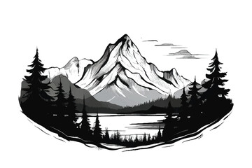 Mountain Landscape.  Forest and mountain vector black line illustration isolated white. Sketch art. Black and white Mountain landscape. 