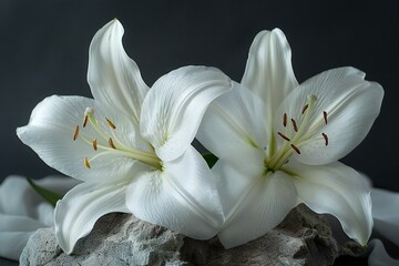 Two white lilies sit on top of gray material, high quality, high resolution