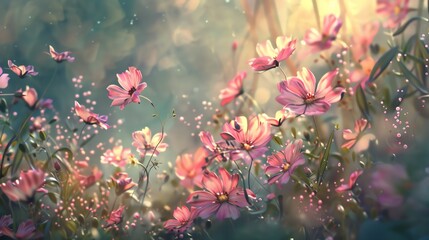 expanse of flower fields with sunlight.