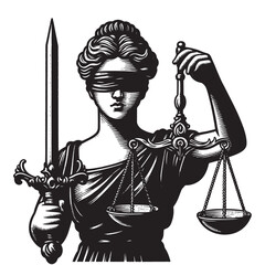 Obraz premium ancient Greek blind goddess Themis, personifying justice and fair trial. Vintage retro engraving illustration. Black icon, logo, label. isolated element.
