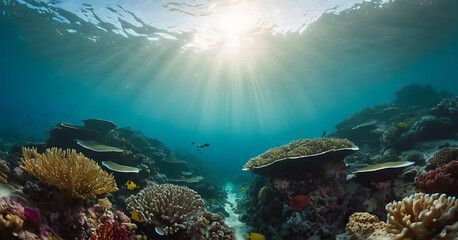 Fototapeta premium A vibrant coral reef teeming with life, bathed in sunlight filtering through the clear blue water. The image showcases the beauty and diversity of marine life, with colorful corals and fish in their n