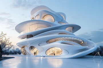 A futuristic looking building with white exterior