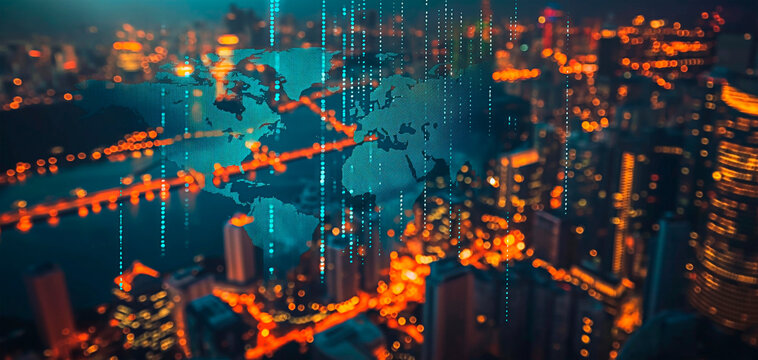 Smart City Concept with Digital World Map Overlay at Dusk - Free Stock ...