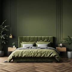 Modern Luxury Bedroom with Lime Olive Velor Bed and Khaki Green Wall. Minimalist Interior Design for Home or Hotel. Empty Mockup Wall for Art. Wood Parquet. 3D Render.