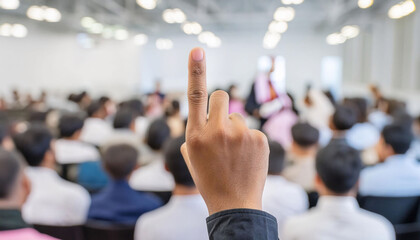 Raised hand with the index finger upwards in a conference room, active participation engagement.
