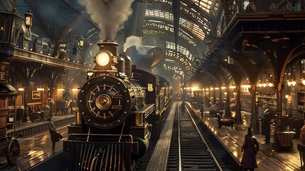 Vintage steam train pulling into bustling station.