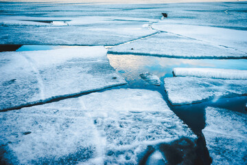 Closeup of floating ice chunks on the lake