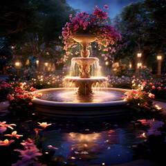 flowers fountain in the night garden