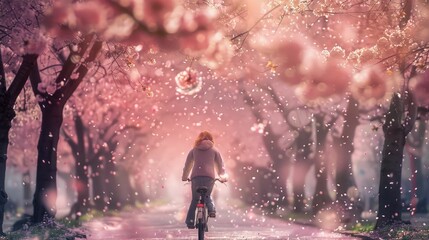 The picture of the cyclist is riding on the road that has been surrounded with cherry blossom or sakura from the both side of the roadway with warm light from the sun in the spring of the year. AIG43.