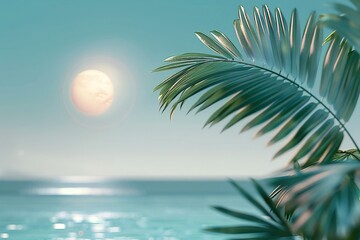 Digital artwork of palm leaves and sun with sea background, high quality, high resolution