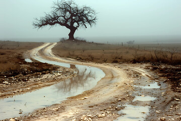 A winding, muddy road dotted with reflective puddles stretches towards a solitary, ancient tree on the horizon, all set against the misty, atmospheric backdrop of a South African farm landscape