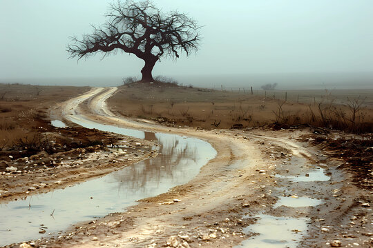 A winding, muddy road dotted with reflective puddles stretches towards a solitary, ancient tree on the horizon, all set against the misty, atmospheric backdrop of a South African farm landscape