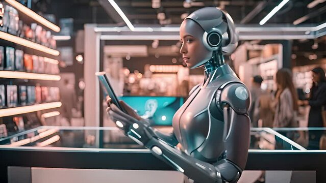 A robot with a tablet surrounded by keywords in a store