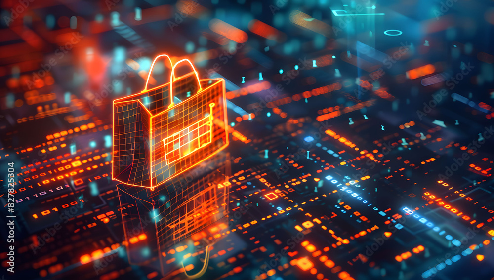 Poster digital data background with a glowing shopping bag icon and code, symbolizing cyber security in onl