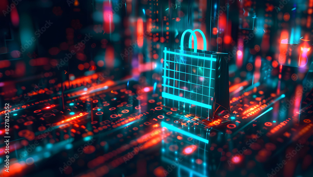Poster digital data background with a glowing shopping bag icon and code, symbolizing cyber security in onl