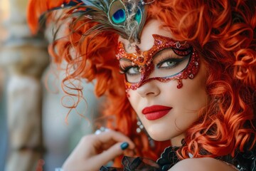 A woman with red hair and a mask.