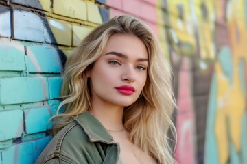 Obraz premium A beautiful blonde woman leaning against a colorful brick wall.
