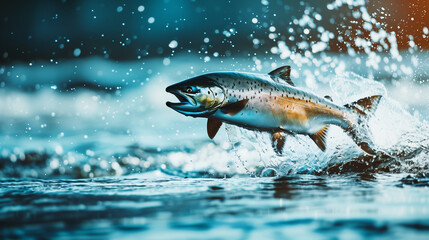 Atlantic salmon fish jumps out of the water

