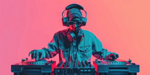 A DJ wearing headphones and a gas mask is mixing music on a turntable The background is pink and...