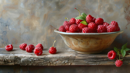 Bowl of raspberries painting. Generative by AI