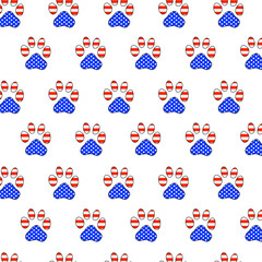 4th of July Puppy Paw Shape Pattern Graphic in USA Flag Colour. Ameowrica, Americat Design. 4th of July Cat Paw Texture for Independence Day. Animal Illustration. Memorial Day Star Banner.