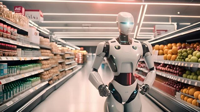 A robot in a grocery aisle with natural foods and engineering magazines
