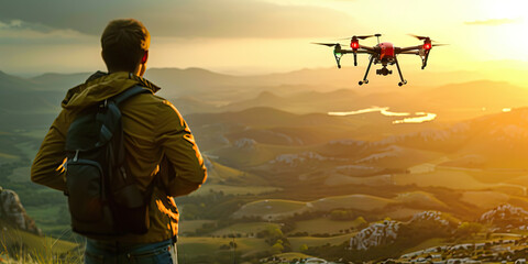 Naklejka premium A drone operator flies their quadcopter through a breathtaking landscape, capturing stunning aerial footage for their client