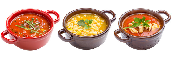 set of soups, including tomato and chicken, isolated on transparent background