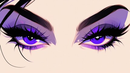 An enchanting gaze with violet eyes half lidded adorned with sultry black eyeshadow for a smokey eye effect Framed by lush black eyelashes highlighted with white accents on the iris and pup