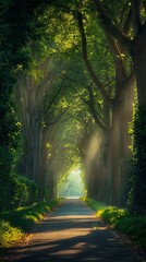 Obraz premium A road in a park, with tall trees on either side, dark green leaves, sunlight shining down from above