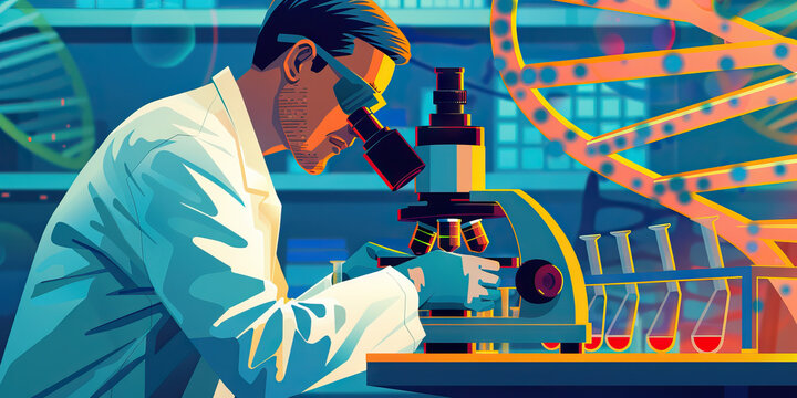 A scientist works tirelessly in a lab, analyzing DNA samples under a powerful microscope, seeking new breakthroughs in gene editing