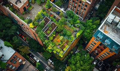 Aerial view of a rooftop garden on top of a building in the city