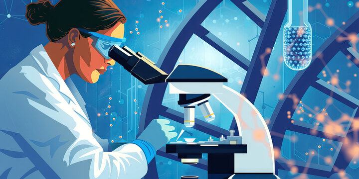 A scientist works tirelessly in a lab, analyzing DNA samples under a powerful microscope, seeking new breakthroughs in gene editing