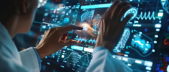 A doctor is monitoring continuous glucose data on a HUD hologram from a patients wearable device, close up, with a futuristic, cinematic style and copy space