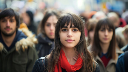 Large group of people standing in the street with focus on woman looking at camera