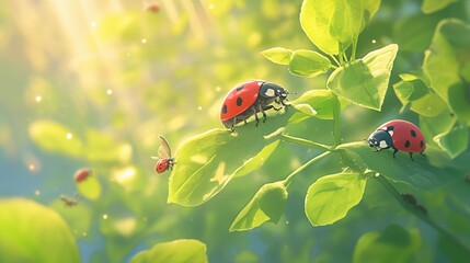 Picture a scene with ladybugs crawling on a white board against the backdrop of stunning nature