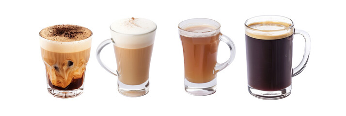 set of beverages, including coffee, isolated on transparent background