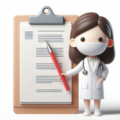 3D cartoon female doctor with medical chart