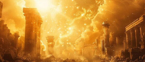 Fototapeta premium An ancient prophecy foretells the apocalypse, painting the horizon in golden hues, over a ruined temple with blurry background, scifi photo, Sharpen banner