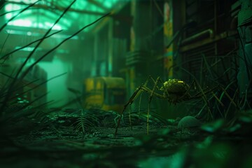 Bioengineered creatures roam free, glowing in neon greens and yellows, within a ravaged zoo with blurry background, scifi photo, Sharpen banner