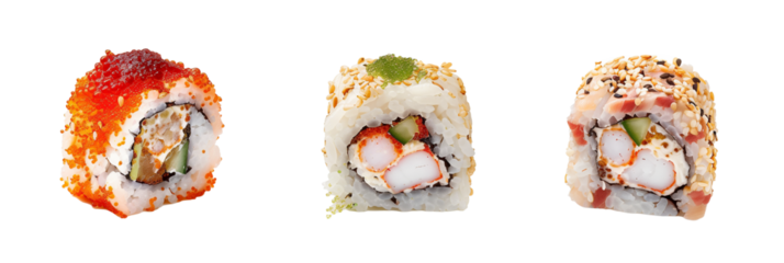 set of of sushi rolls, including California roll, isolated on transparent background