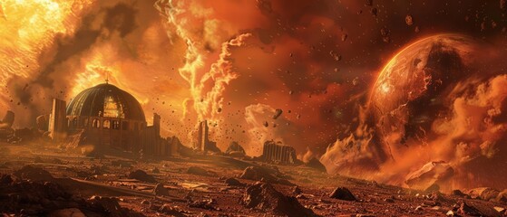 Humanitys remnants escape underground, under a sky of fiery oranges and reds, near a destroyed observatory with blurry background, scifi photo, Sharpen banner