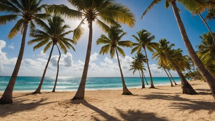 Sun-drenched palm trees swaying on the pristine beaches of Punta Cana, Dominican Republic.